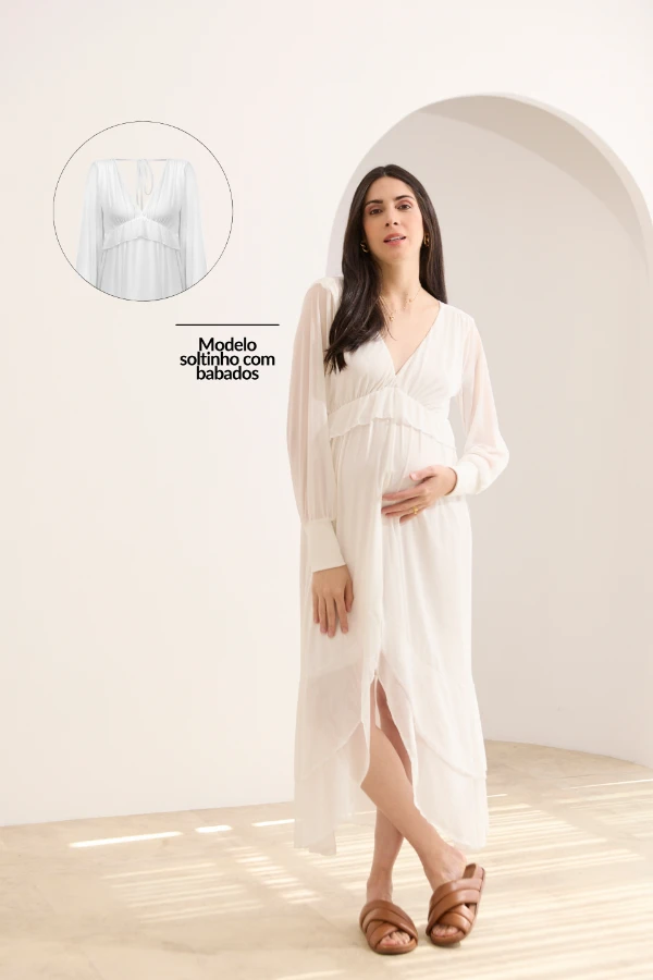 vestido soltinho para gestante midi off white com tule e babados, look leve e romântico para gravidez