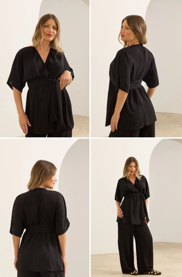 Blusa transpasse chic para gestante e amamentação preta em look moderno e confortável