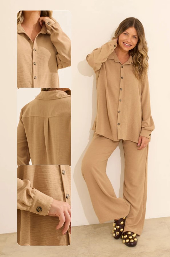 Camisa para gestante caqui que não amassa, ideal para trabalho e looks elegantes na gravidez