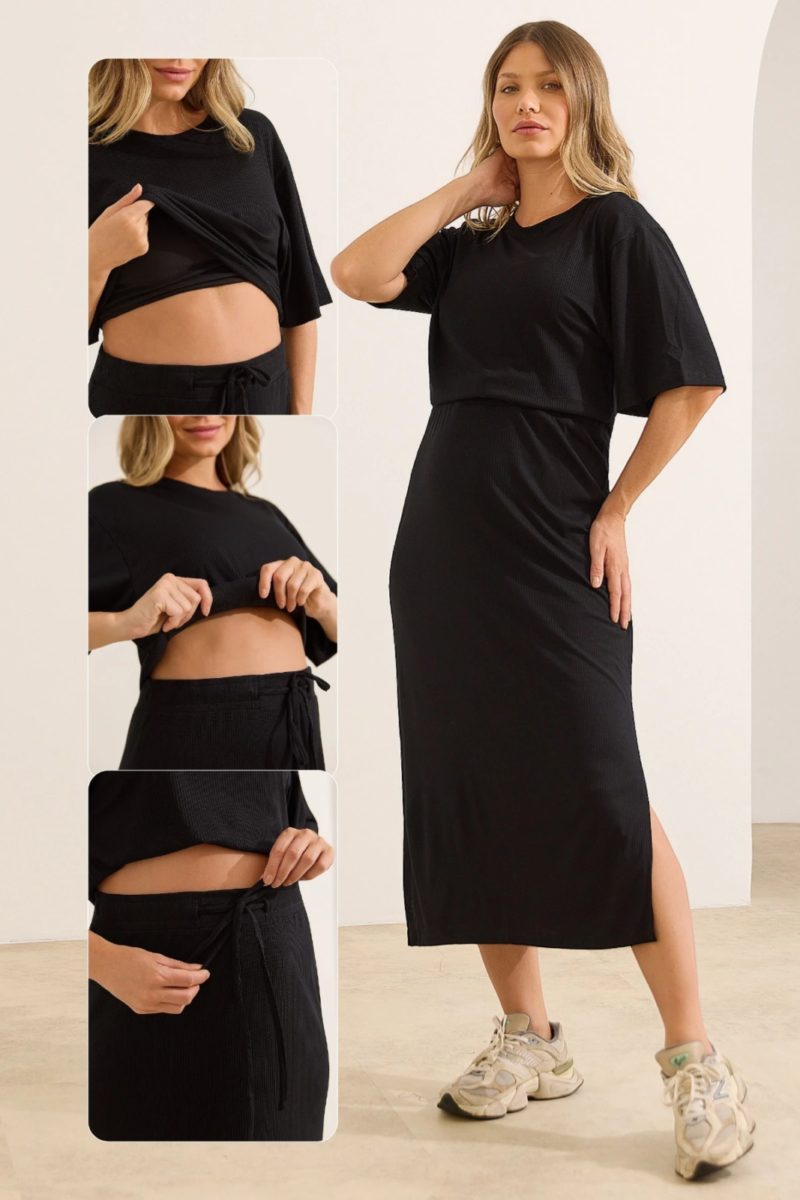 Gestante usando vestidinho preto midi com cropped sobreposto em viscolycra para gestação e amamentação.