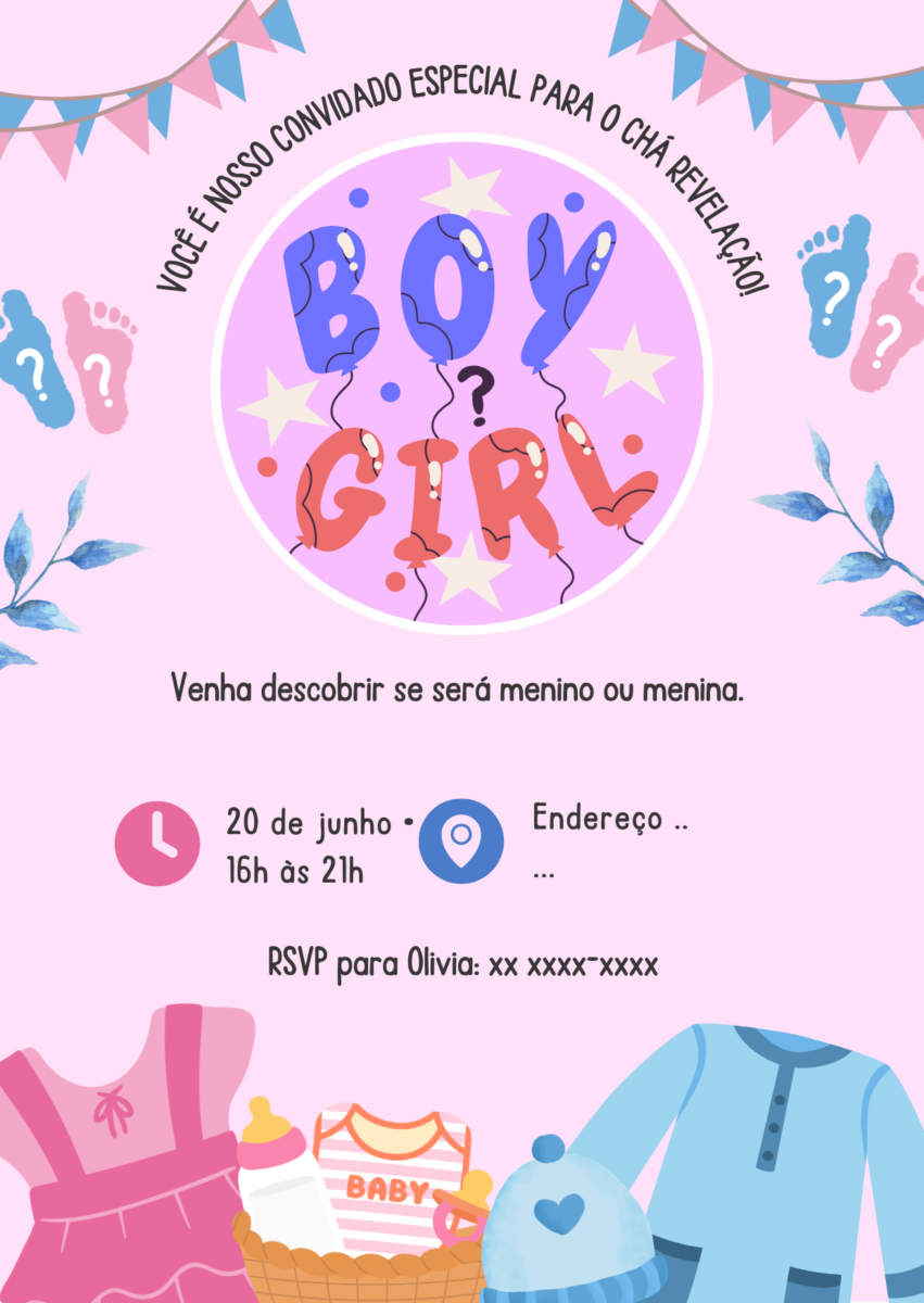 Modelo de convite de chá revelação em tons rosa e azul com frase “Boy or Girl?”, ilustrações de roupinhas de bebê e informações da festa.