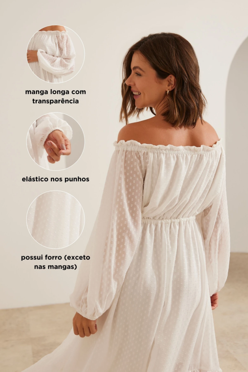 Vestido branco ombro a ombro para gestante com mangas longas transparentes e tecido com forro, perfeito para ensaio gestante e festas.
