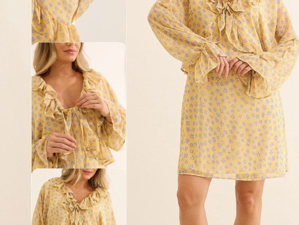 Gestante usando vestidinho curto floral amarelo com babados e decote ajustável para gestação e amamentação.