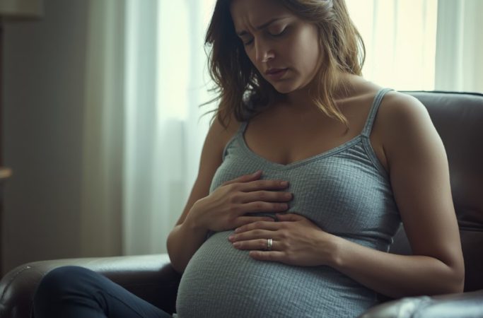 Mulher grávida sentada com expressão preocupada, representando sintomas de ansiedade na gravidez e os desafios emocionais da gestação.