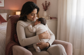 Mãe com bebê no colo em conteúdo sobre como aumentar a produção de leite materno