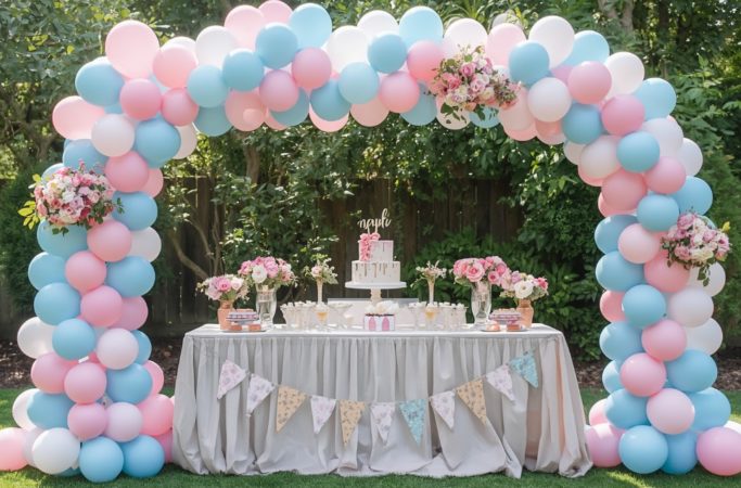 Decoração de chá revelação ao ar livre com arco de balões rosa, azul e branco, mesa com flores delicadas, bolo decorado e bandeirinhas em jardim.