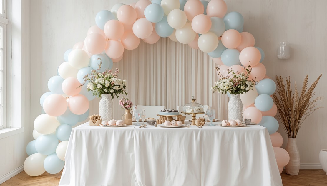Mesa de chá revelação com decoração minimalista em tons pastel, arco de balões bege, azul claro e rosa suave, flores brancas e doces delicados.
