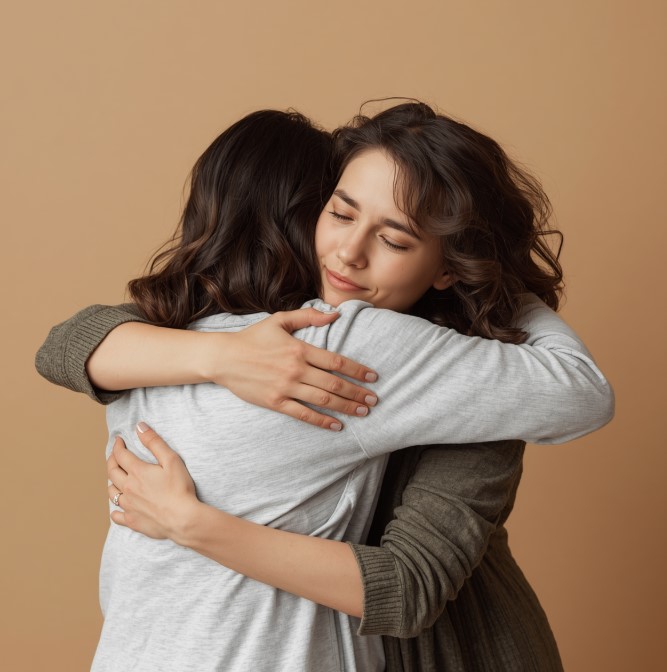 Mulher com depressão pós-parto recebe acolhimento e abraço de apoio emocional durante a maternidade
