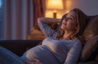 Mulher grávida assistindo filme no sofá com notebook e pipoca, representando filmes sobre maternidade