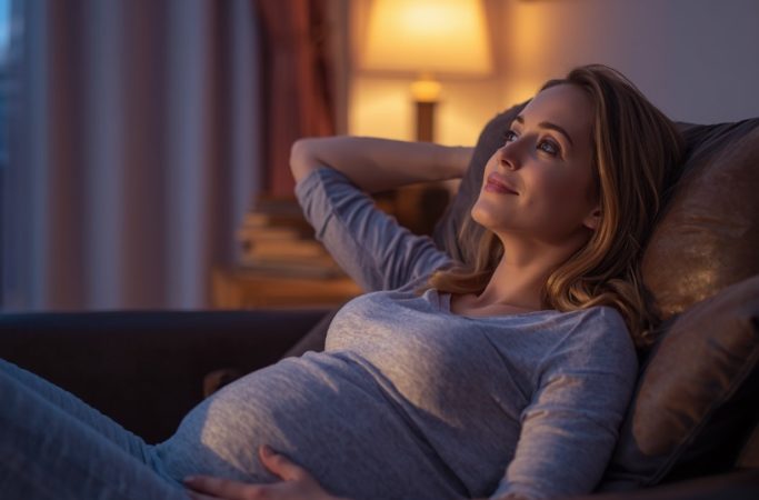 Mulher grávida assistindo filme no sofá com notebook e pipoca, representando filmes sobre maternidade