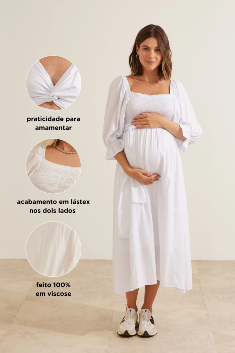 Vestido branco gestante em viscose fresquinha com praticidade para amamentar, ideal para looks confortáveis na gravidez e pós-parto.