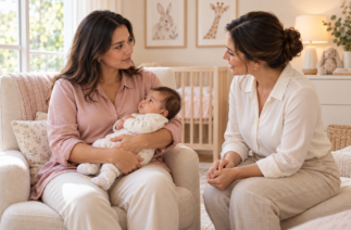 Mãe com bebê no colo recebendo orientação sobre pega correta na amamentação.