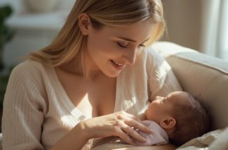 Mãe realizando a pega correta na amamentação enquanto amamenta o bebê no colo em ambiente aconchegante