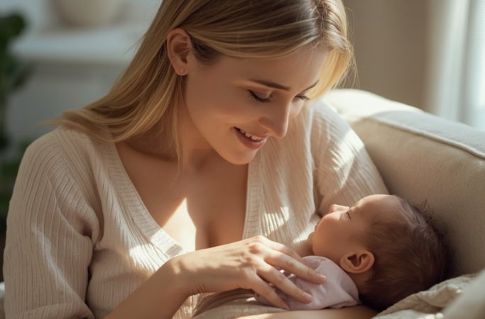 Mãe realizando a pega correta na amamentação enquanto amamenta o bebê no colo em ambiente aconchegante