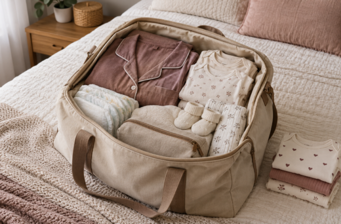 Mala da maternidade aberta sobre a cama, com pijama, roupas de bebê, fraldas, meias e nécessaire organizados.