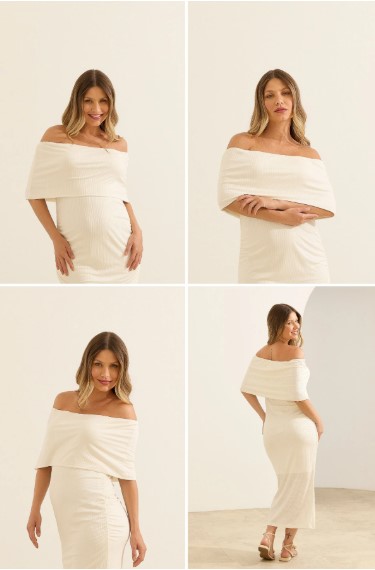 Mulher grávida usando vestido para gestantes jovens midi off-white em chá de bebê