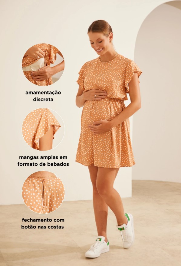 Vestido para gestantes jovens curto com modelagem confortável e tênis branco para look casual moderno