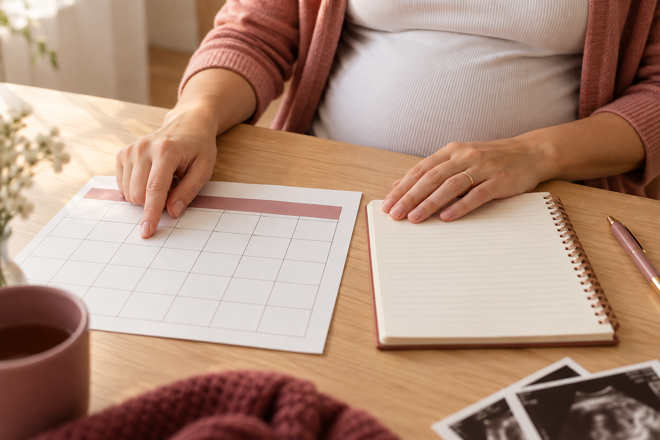 Mãos de gestante apontando um calendário para identificar a DUM e calcular a idade gestacional