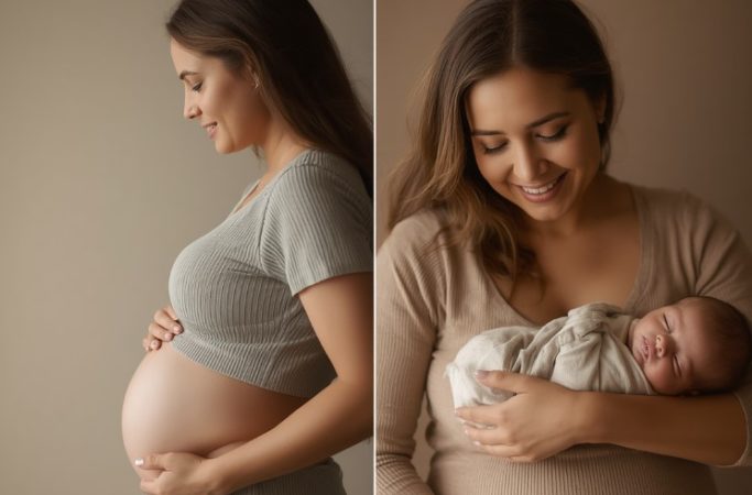 Mãe grávida acariciando a barriga ao viver uma das fases da maternidade