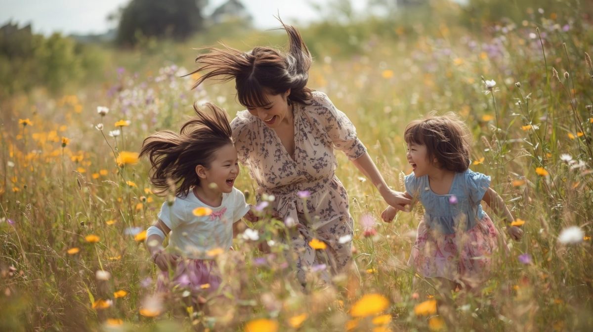 Mãe e filhos brincando ao ar livre no campo, mostrando que ser mãe é compartilhar afeto, alegria e memórias em família.