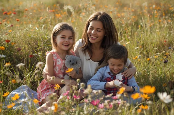 Mãe brincando no campo com os filhos, em momento leve e carinhoso que representa ser mãe é viver o amor nos pequenos detalhes.