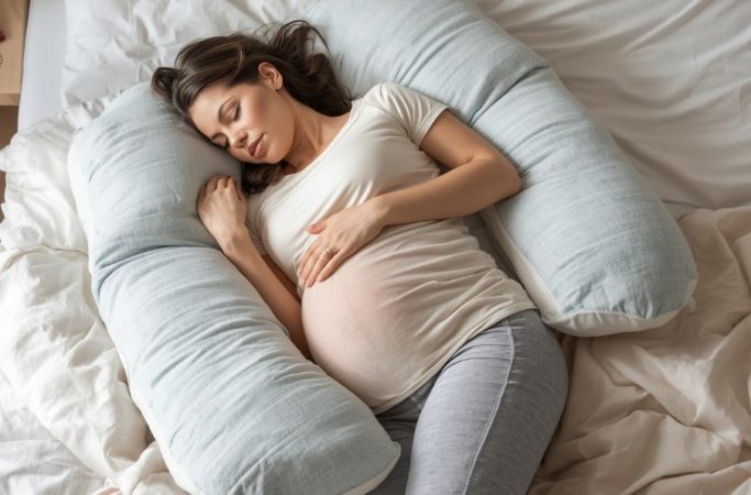 Gestante dormindo abraçada em um travesseiro para gestante modelo minhocão, apoiando a barriga e as pernas para mais conforto durante a gravidez