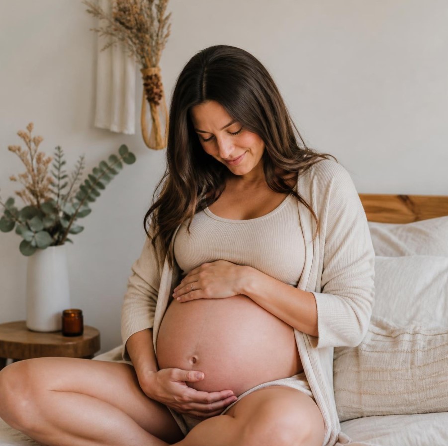 Gestante com 39 semanas de gestação acariciando a barriga enquanto aguarda os primeiros sinais do parto.