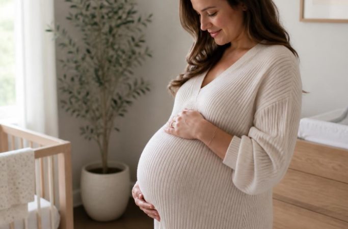Gestante com 40 semanas de gestação acariciando a barriga no quarto do bebê.