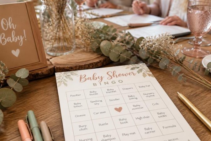 Bingo para chá de bebê com cartelas impressas e canetas organizadas sobre a mesa da festa.