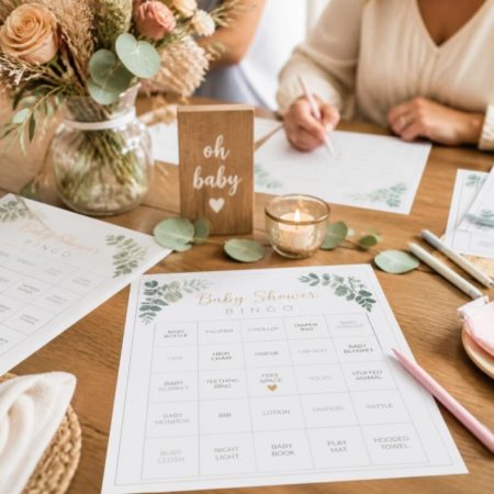 Cartelas de bingo para chá de bebê para imprimir distribuídas sobre uma mesa decorada.