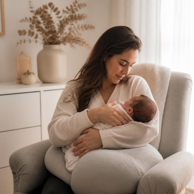 Como aliviar a dor na amamentação com mãe segurando o bebê em uma cadeira de amamentação