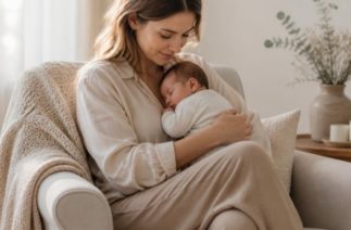 Mãe amamentando o bebê confortavelmente em uma cadeira de amamentação