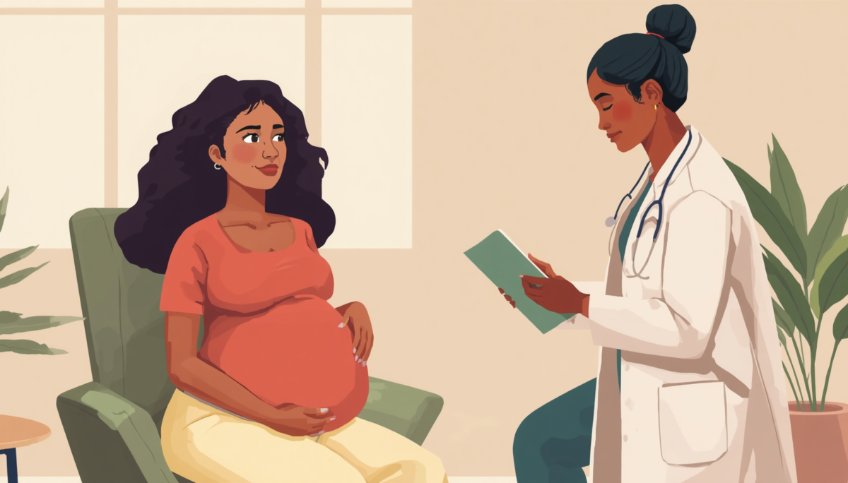 Gestante em sua primeira consulta de pré-natal conversando com uma médica