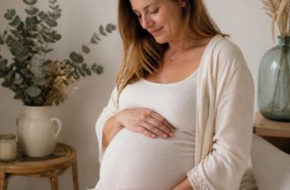 Mulher com 39 semanas de gestação segurando a barriga durante os dias antes do nascimento do bebê.
