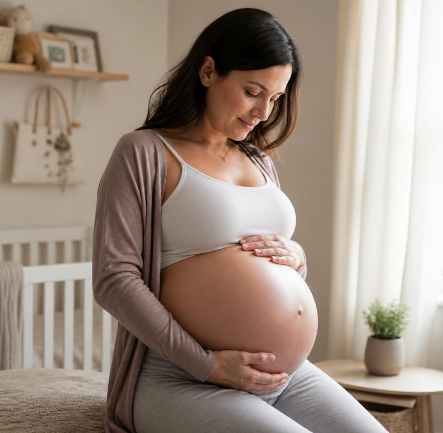 Mulher com 40 semanas de gestação organizando o quarto do bebê ao lado do berço.