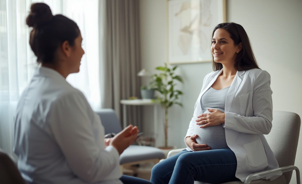 Gestante conversa com médica durante consulta sobre o uso seguro de suplementos na gravidez.