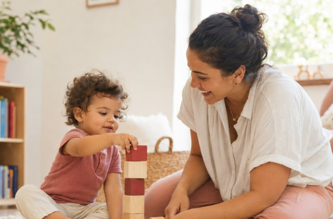 Mãe brinca com criança que empilha blocos de madeira durante uma atividade ligada aos marcos do desenvolvimento infantil.