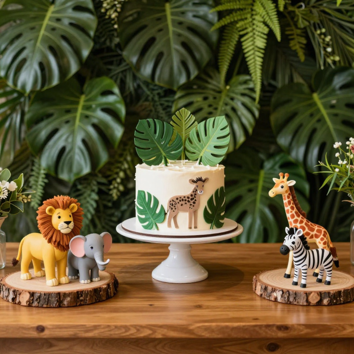 mesversário safari com decoração de animais e folhagens para bebê