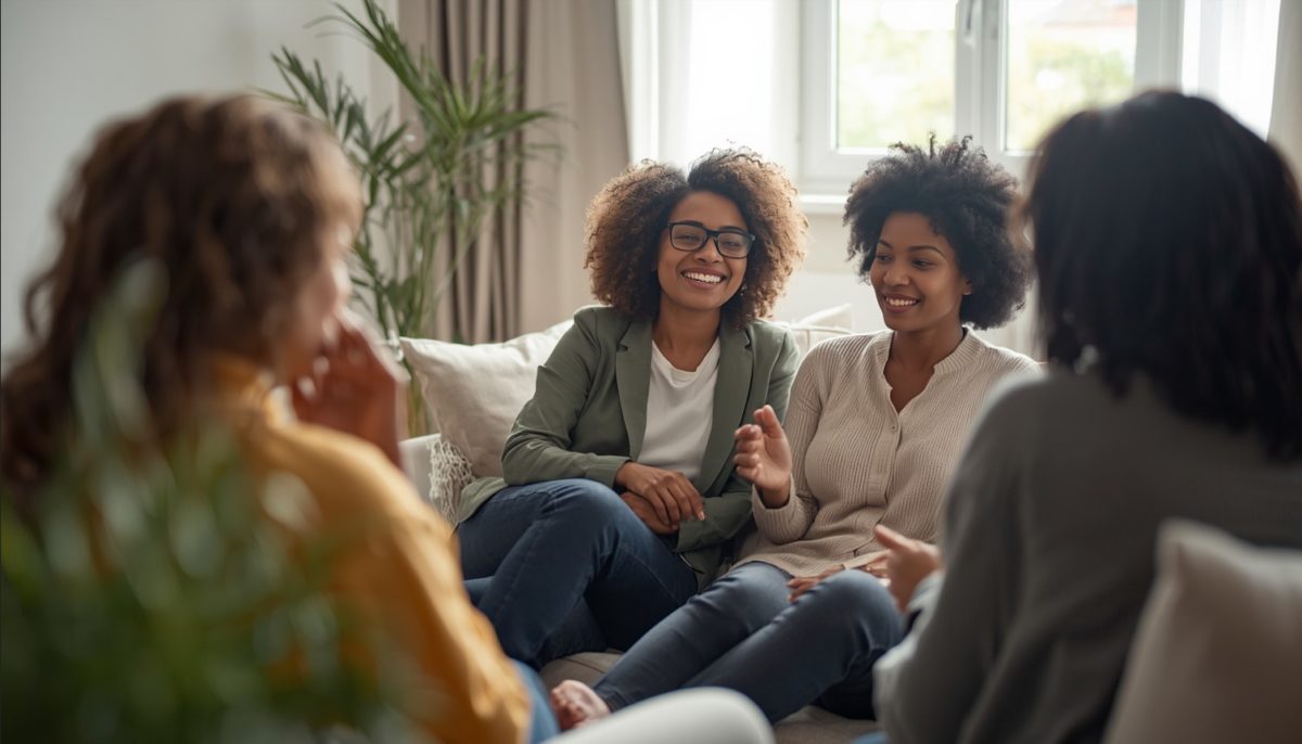 Mães reunidas em roda de conversa sobre rede de apoio, com clima acolhedor e troca de vivências sobre gravidez, pós-parto e maternidade.