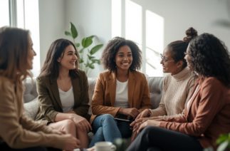 rede de apoio com mães conversando em grupo, compartilhando experiências e acolhendo umas às outras na maternidade.