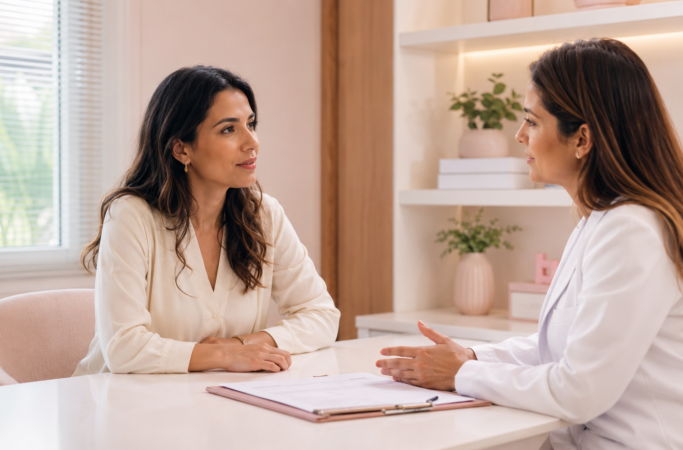 Mulher conversa com médica para entender quanto custa uma FIV