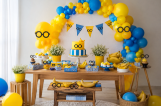 Decoração festa dos Minions com mesa amarela e azul, balões, bolo e bananas