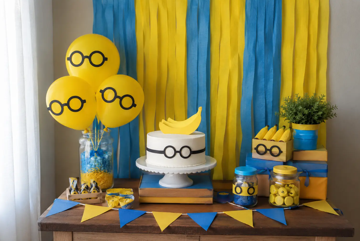 Decoração simples de festa dos Minions feita em casa com papel crepom, balões e mesa pequena