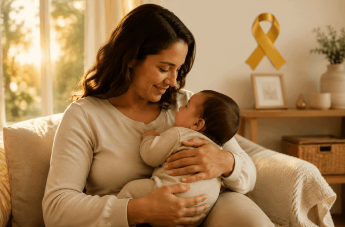 Agosto Dourado com mãe e bebê no colo em ambiente acolhedor com luz dourada