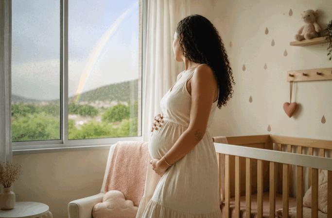Gestante em quarto de bebê observa um arco-íris pela janela, representando o significado de bebê arco-íris.