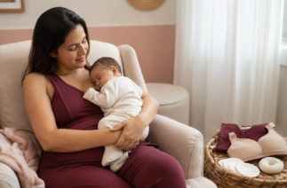 Mãe com bebê no colo ao lado de produtos de amamentação para os primeiros meses