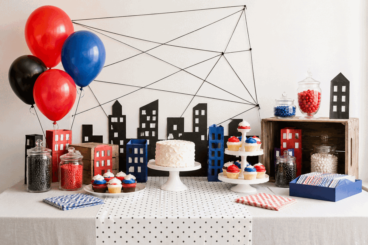 Decoração simples da festa do Homem-Aranha feita em casa com balões, prédios de papel e cupcakes