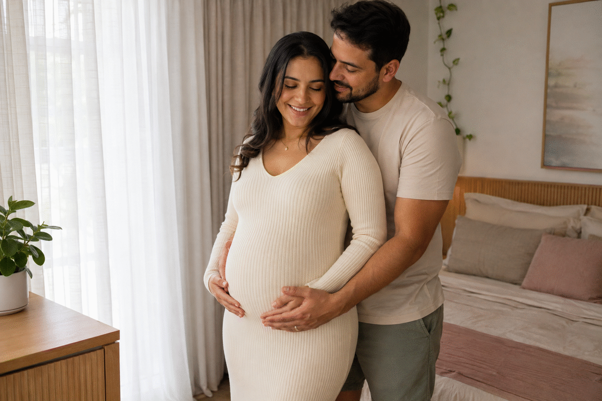 Casal em ensaio gestante em casa com as mãos sobre a barriga, inspiração de prompt para o Gemini