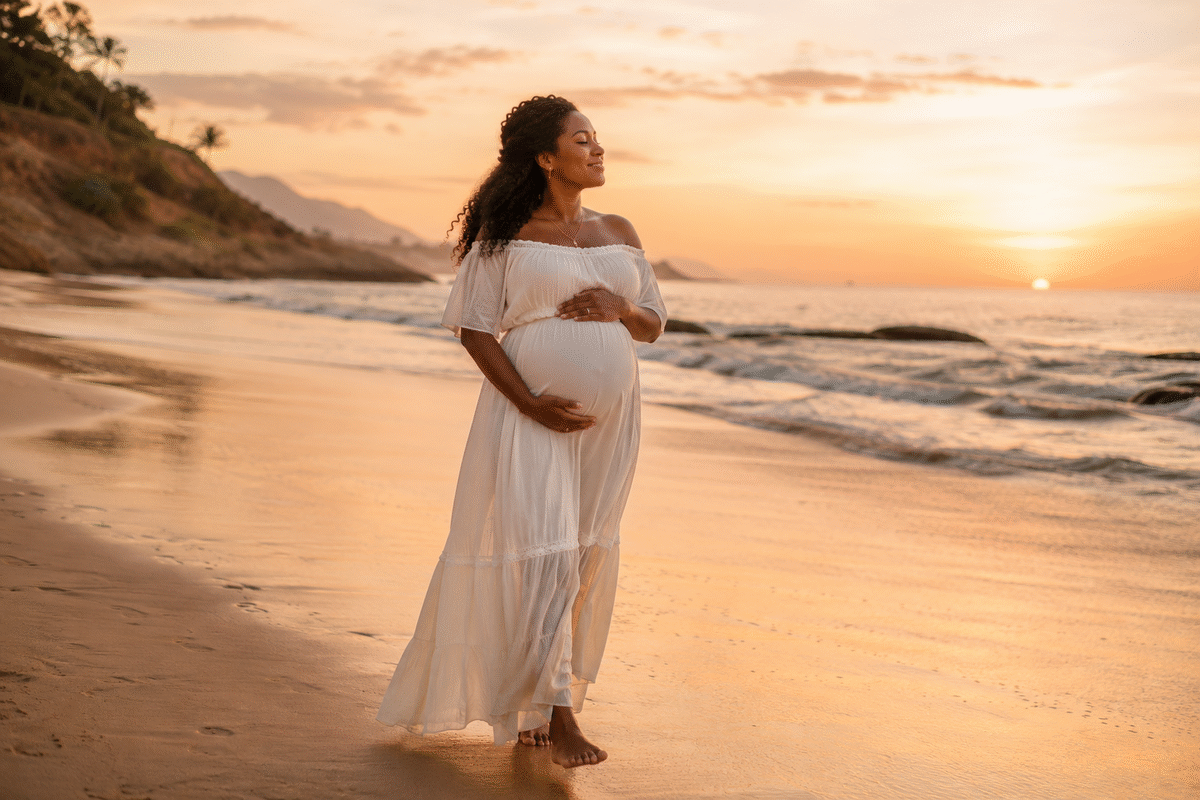 Mulher grávida de vestido branco em ensaio na praia ao pôr do sol, inspiração para foto no Gemini Style