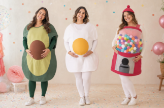 Fantasias para grávidas de abacate, ovo frito e máquina de doces colorida